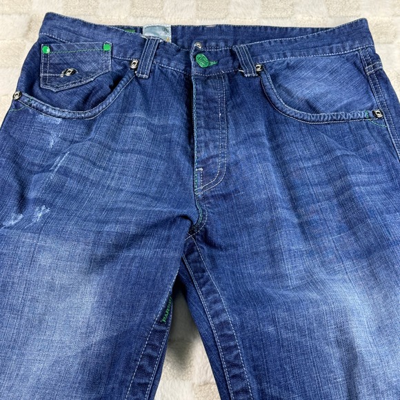 Parish Mens Jeans Distressed Blue Denim Green Accent Stitching Stylish - Picture 7 of 16